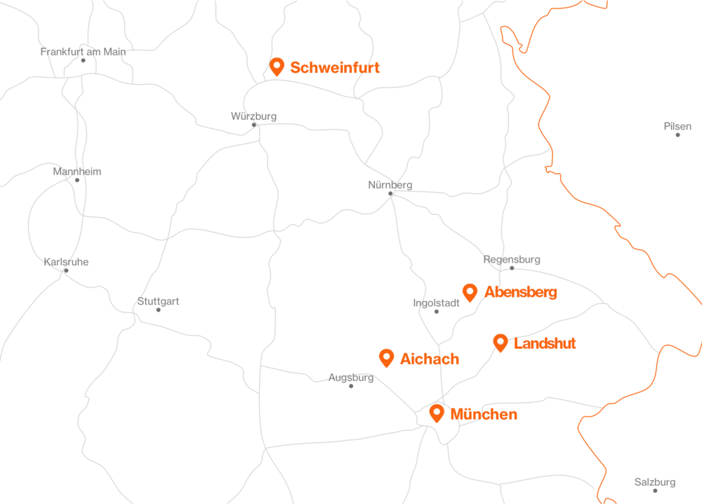Unsere Standorte Aichach, München, Schweinfurt, Abensberg und Landshut im Detail